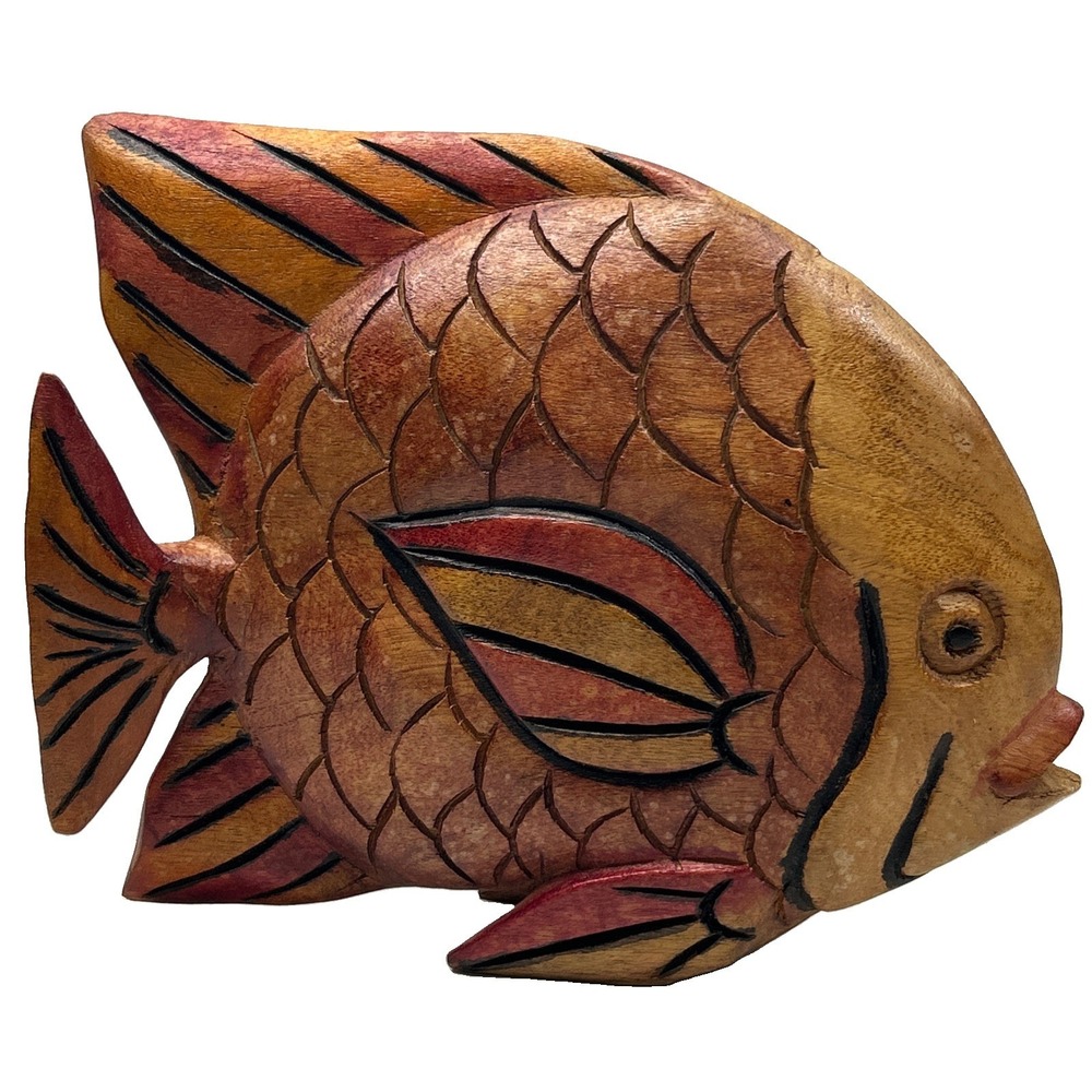 Vintage Hand Carved Cedar Wooden Fish Sculpture Mid Century 9.5x11x2.5"